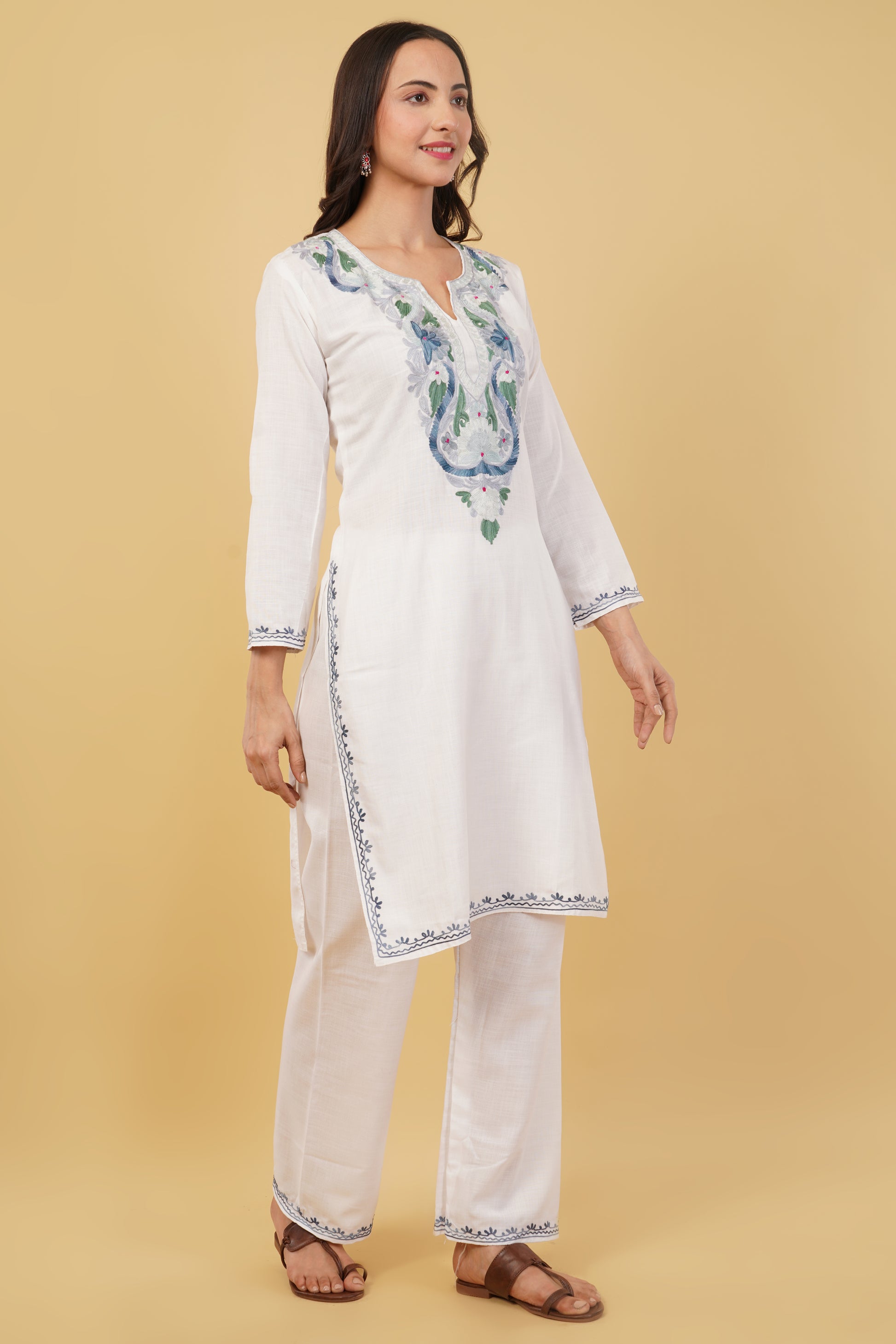 Kashmiri Aari embroidery Cotton Co-ord set Size-38 (White)