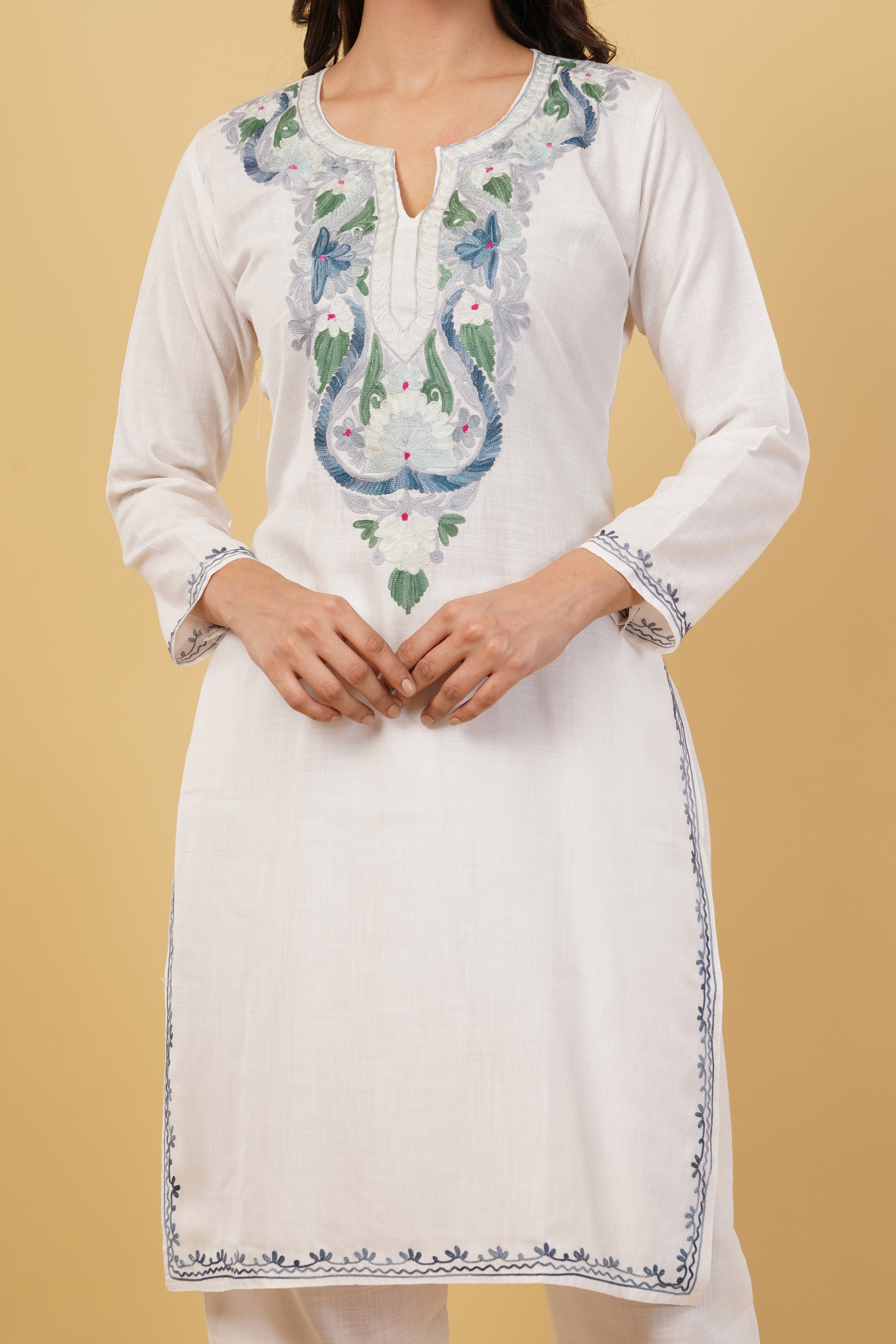Kashmiri Aari embroidery Cotton Co-ord set Size-38 (White)