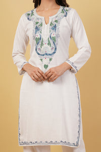Kashmiri Aari embroidery Cotton Co-ord set Size-38 (White)