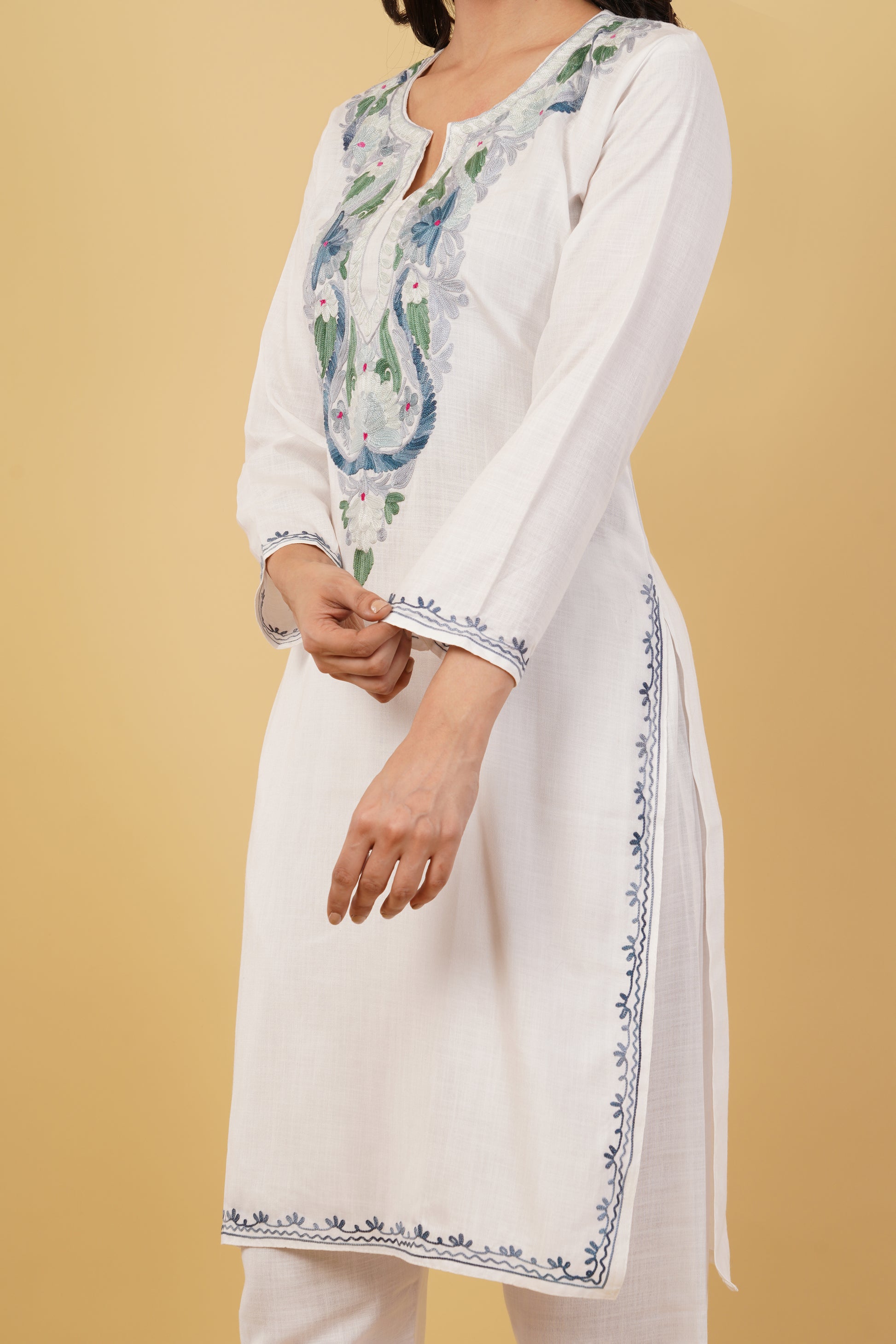 Kashmiri Aari embroidery Cotton Co-ord set Size-38 (White)