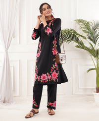 Pure Acro Wool Kashmiri Aari Embroidery Kurti & Pant Set (Black)