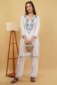 Kashmiri Aari embroidery Cotton Co-ord set Size-38 (White)