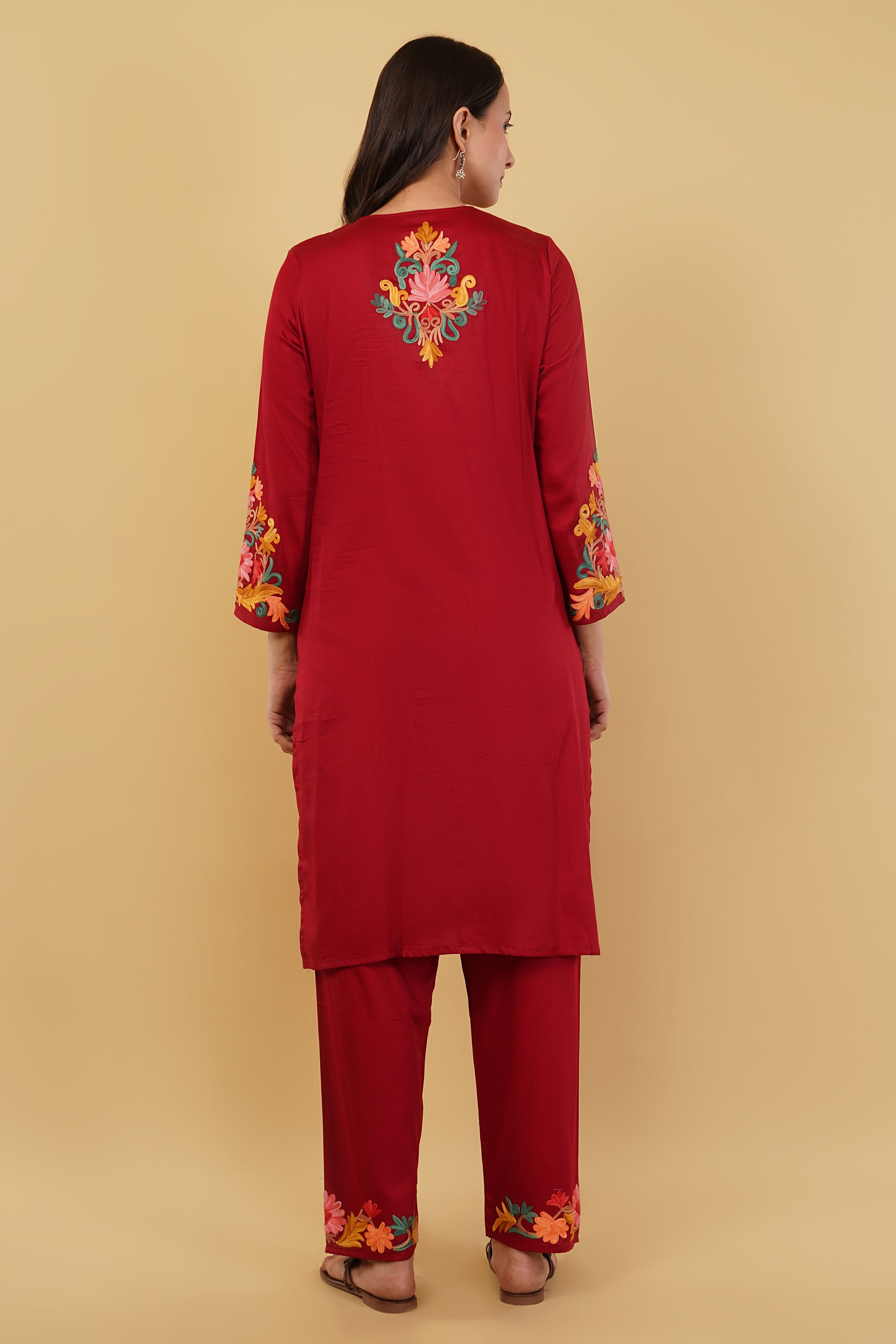 Kashmiri Aari embroidery Jaam Cotton Co-ord set Size-40 (Red)