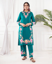 Pure Acro Wool Kashmiri Aari Embroidery Kurti & Pant Set (Rama Green)