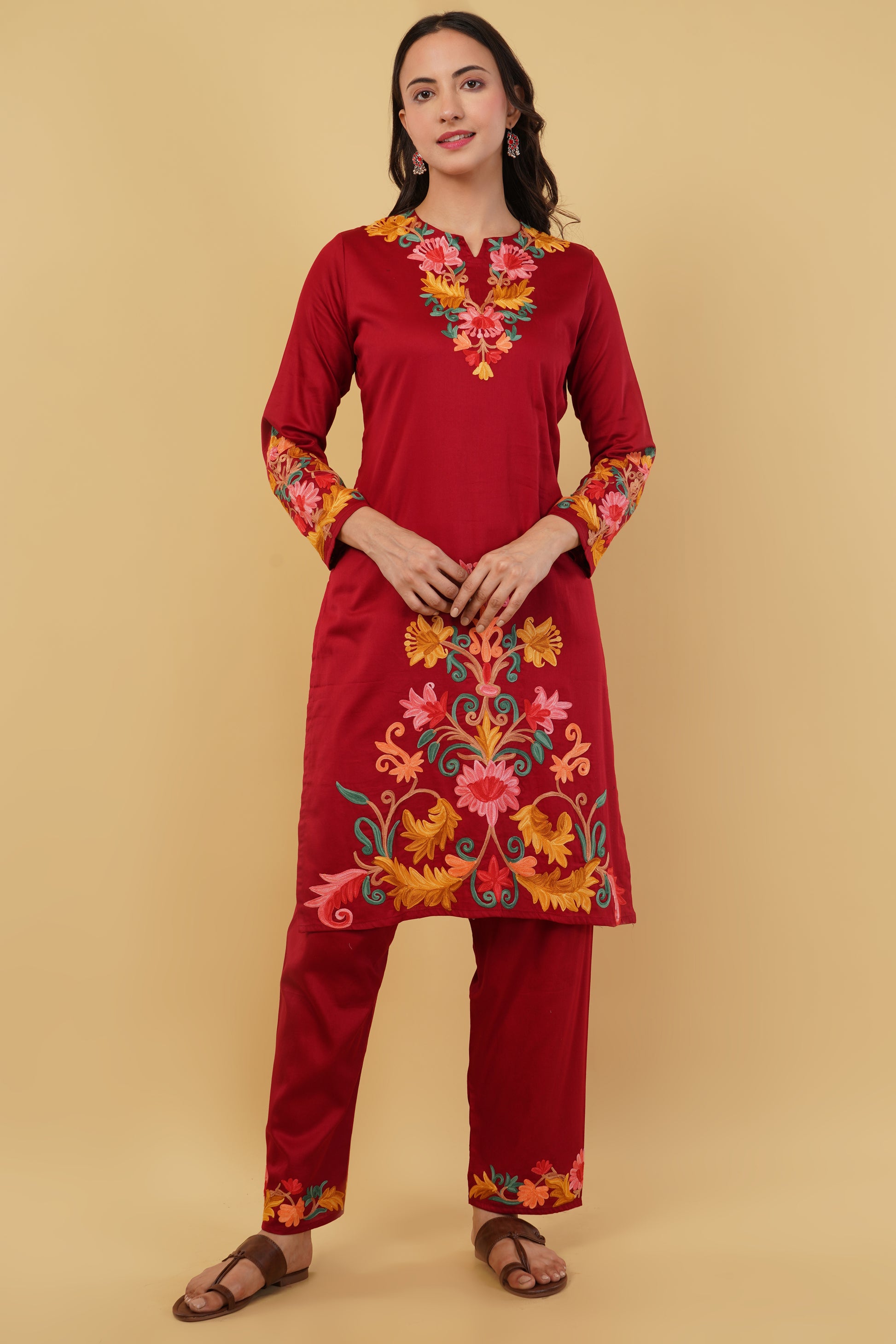Kashmiri Aari embroidery Jaam Cotton Co-ord set Size-40 (Red)