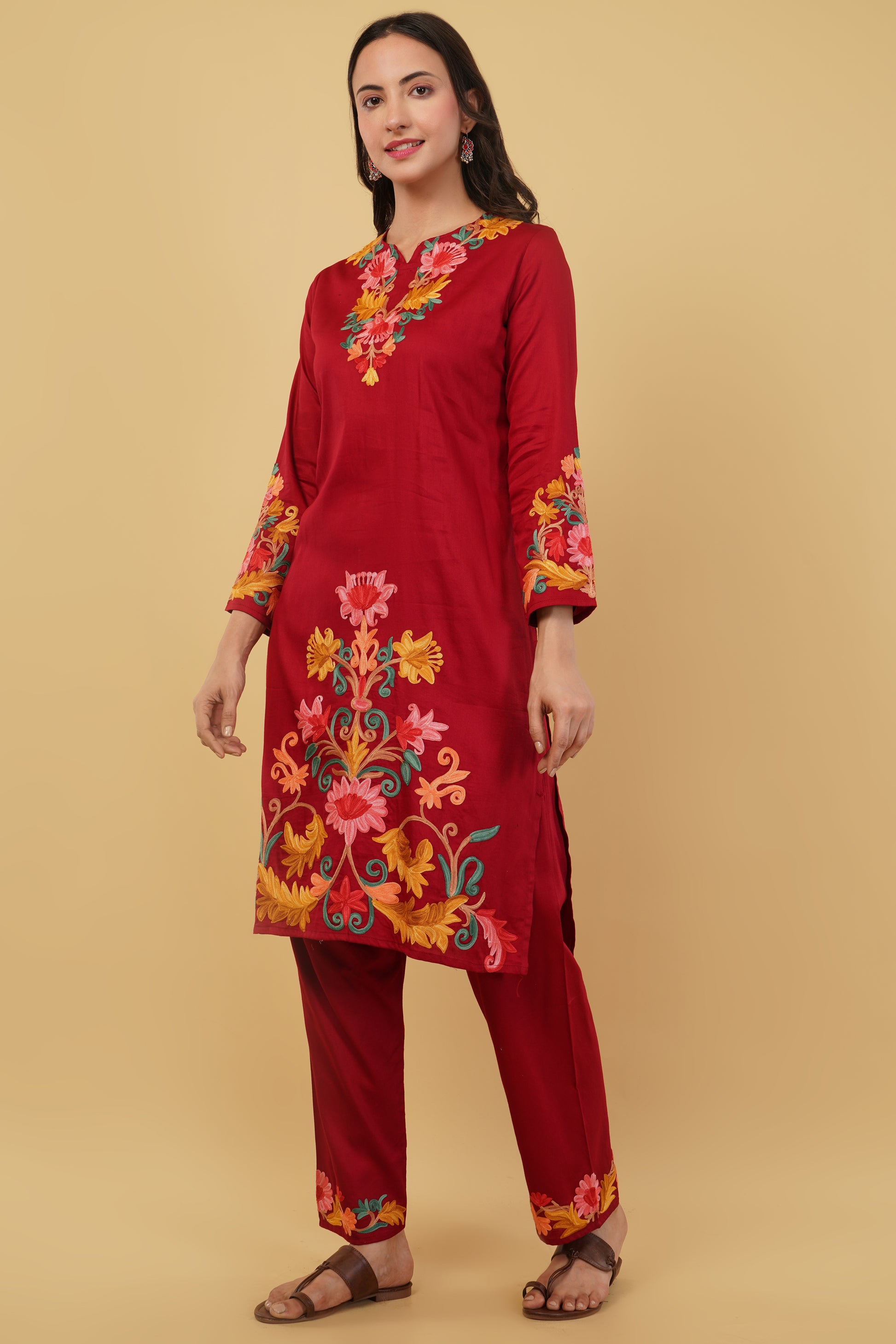 Kashmiri Aari embroidery Jaam Cotton Co-ord set Size-40 (Red)