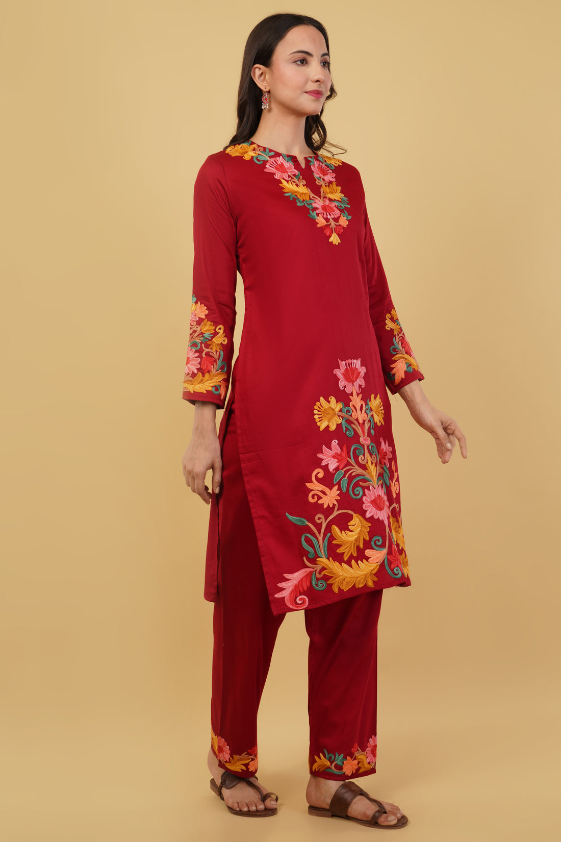 Kashmiri Aari embroidery Jaam Cotton Co-ord set Size-40 (Red)