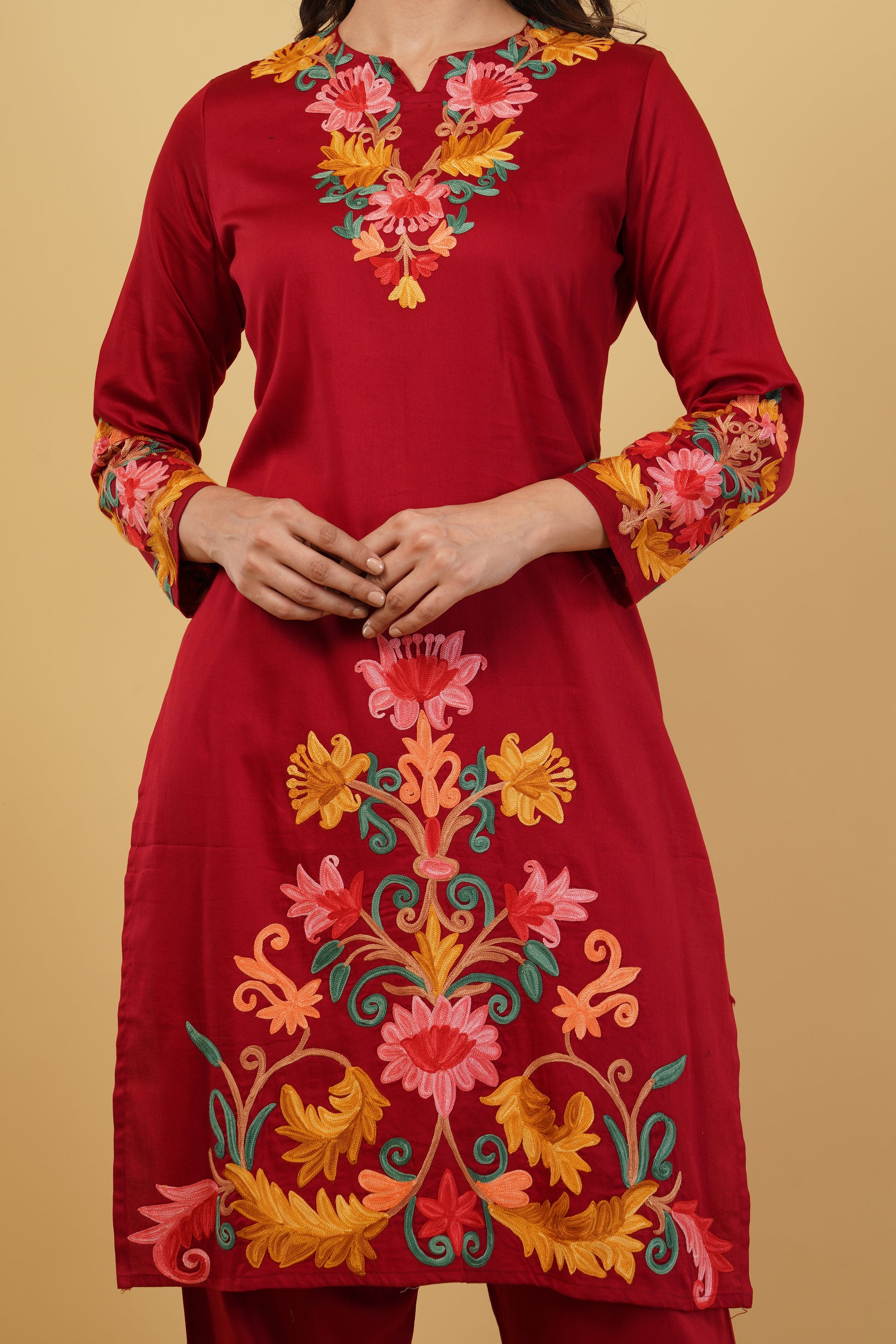 Kashmiri Aari embroidery Jaam Cotton Co-ord set Size-40 (Red)