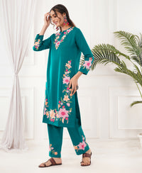Pure Acro Wool Kashmiri Aari Embroidery Kurti & Pant Set (Rama Green)