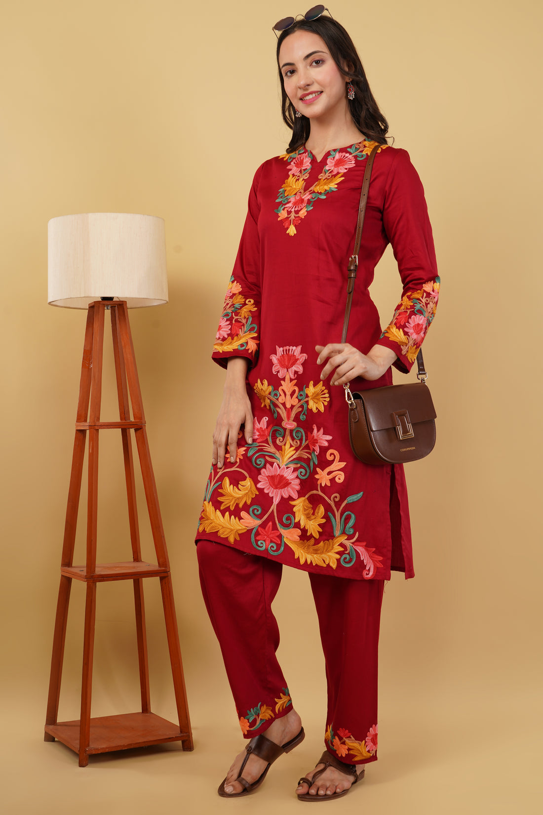 Kashmiri Aari embroidery Jaam Cotton Co-ord set Size-40 (Red)