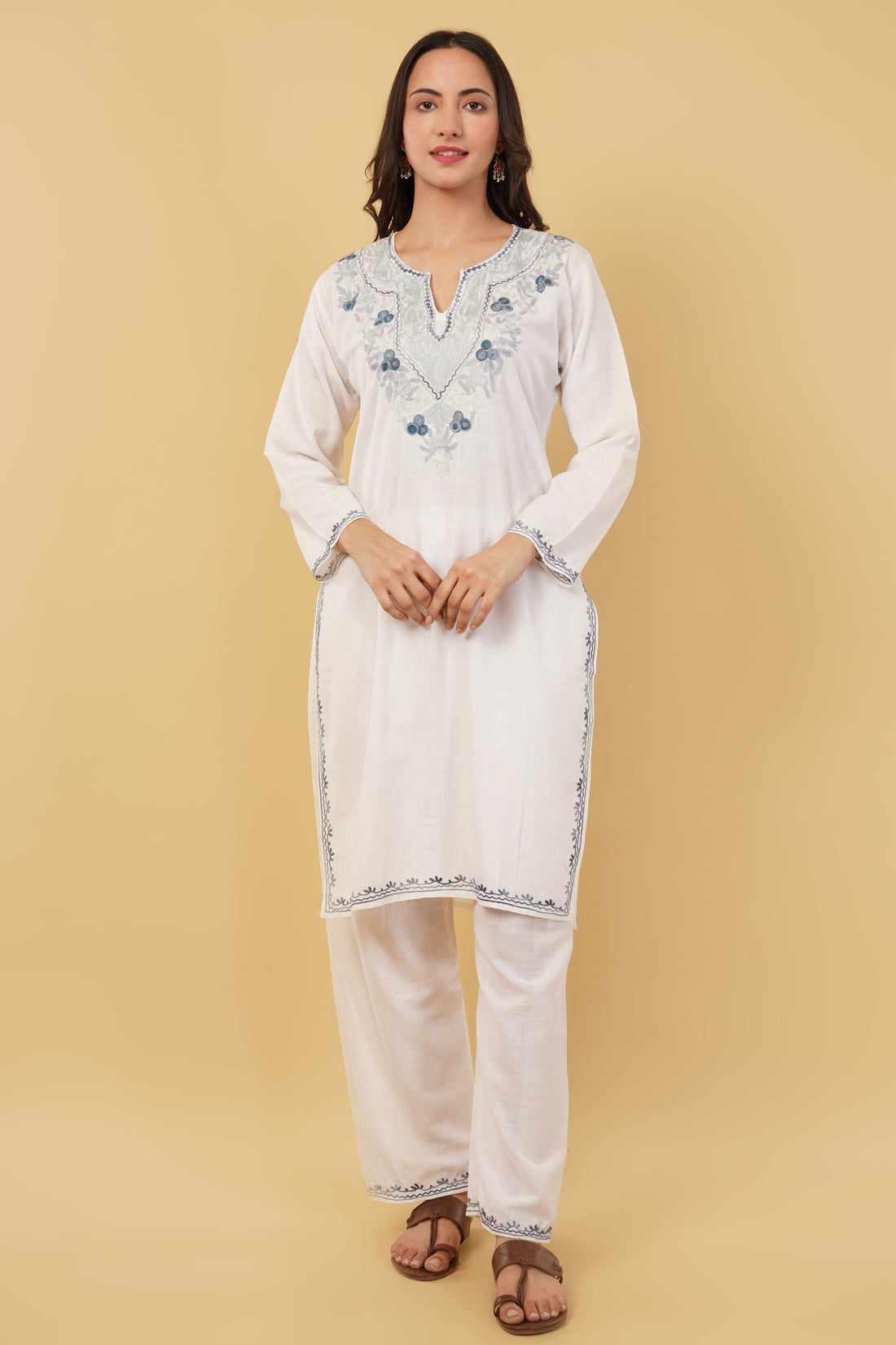 Kashmiri Aari embroidery Cotton Co-ord set Size-38 (White)