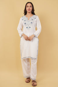Kashmiri Aari embroidery Cotton Co-ord set Size-38 (White)