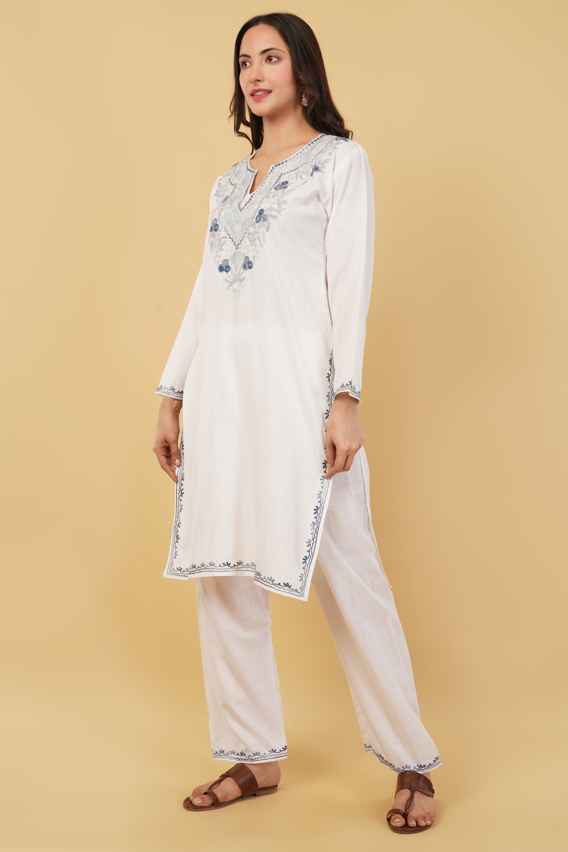 Kashmiri Aari embroidery Cotton Co-ord set Size-38 (White)