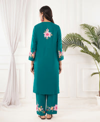 Pure Acro Wool Kashmiri Aari Embroidery Kurti & Pant Set (Rama Green)
