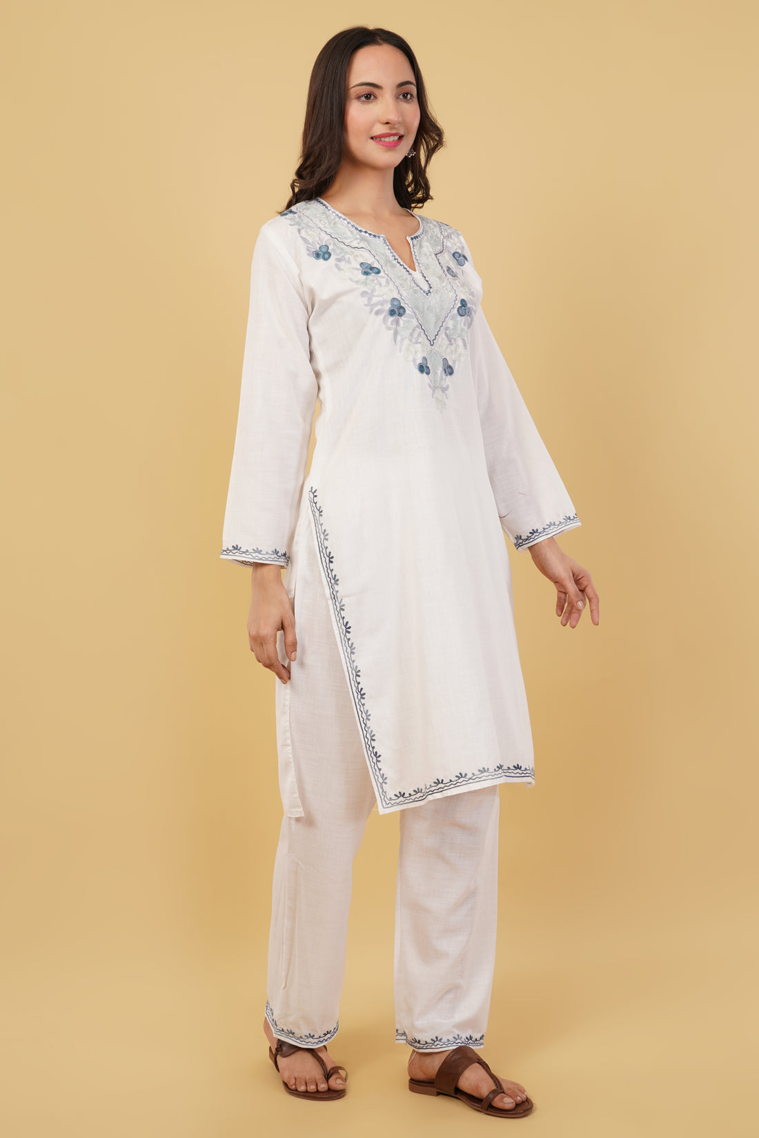 Kashmiri Aari embroidery Cotton Co-ord set Size-38 (White)