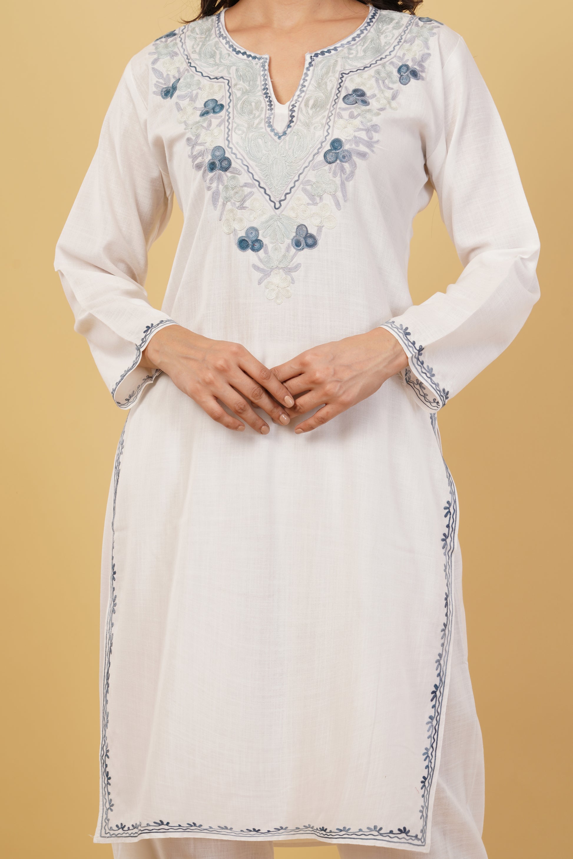 Kashmiri Aari embroidery Cotton Co-ord set Size-38 (White)