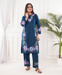 Pure Acro Wool Kashmiri Aari Embroidery Kurti & Pant Set (Blue)