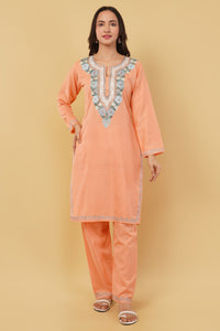 Kashmiri Aari embroidery Cotton Co-ord set Size-38 (Peach)