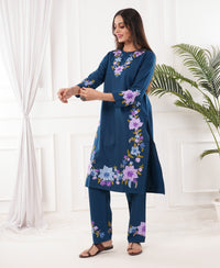 Pure Acro Wool Kashmiri Aari Embroidery Kurti & Pant Set (Blue)