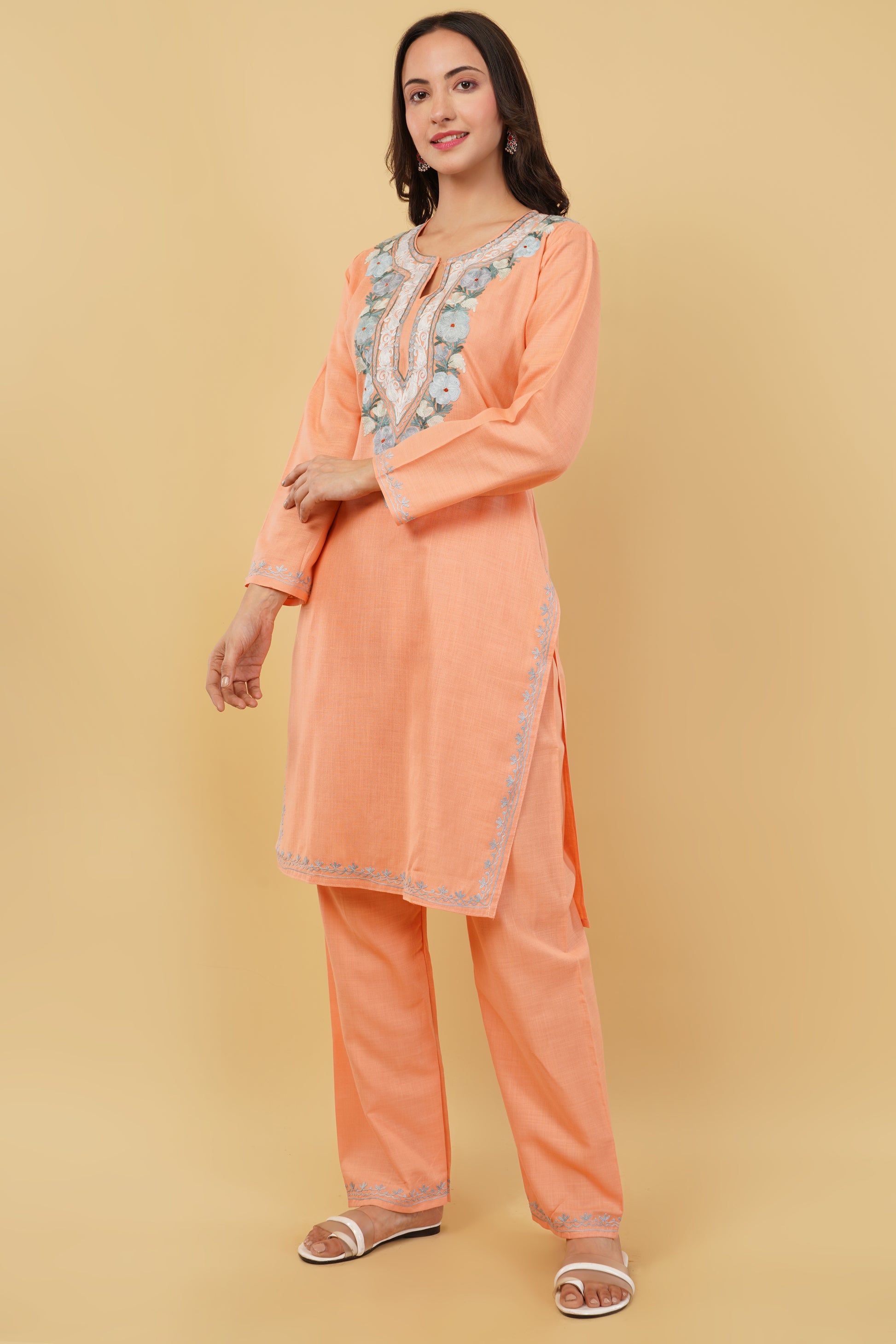 Kashmiri Aari embroidery Cotton Co-ord set Size-38 (Peach)