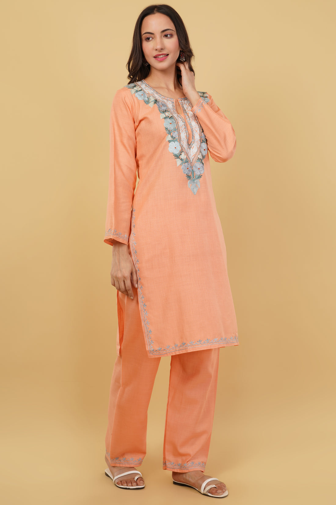 Kashmiri Aari embroidery Cotton Co-ord set Size-38 (Peach)