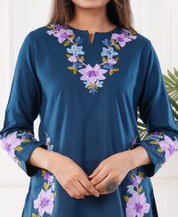 Pure Acro Wool Kashmiri Aari Embroidery Kurti & Pant Set (Blue)