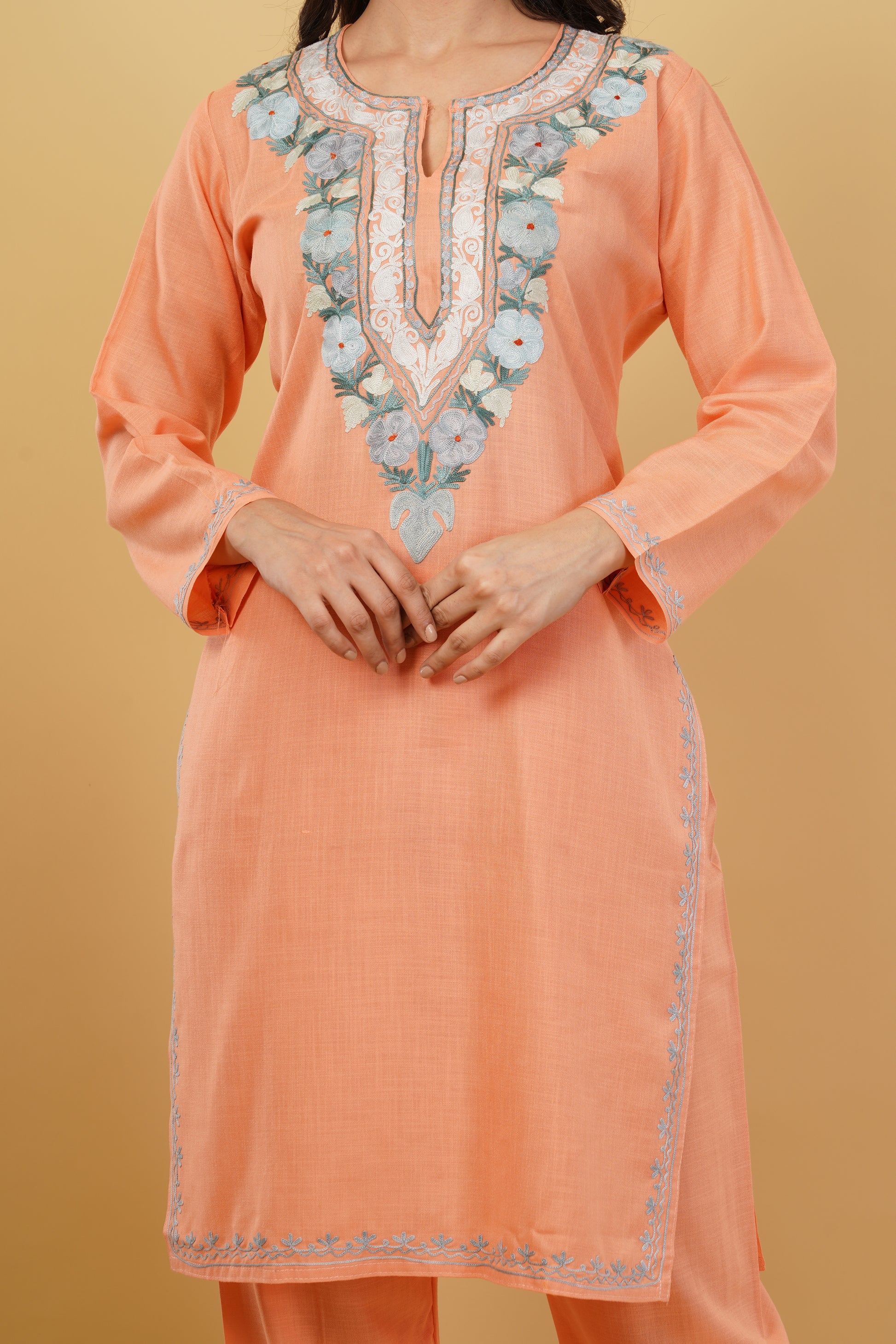 Kashmiri Aari embroidery Cotton Co-ord set Size-38 (Peach)