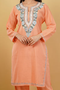 Kashmiri Aari embroidery Cotton Co-ord set Size-38 (Peach)