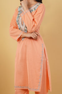 Kashmiri Aari embroidery Cotton Co-ord set Size-38 (Peach)