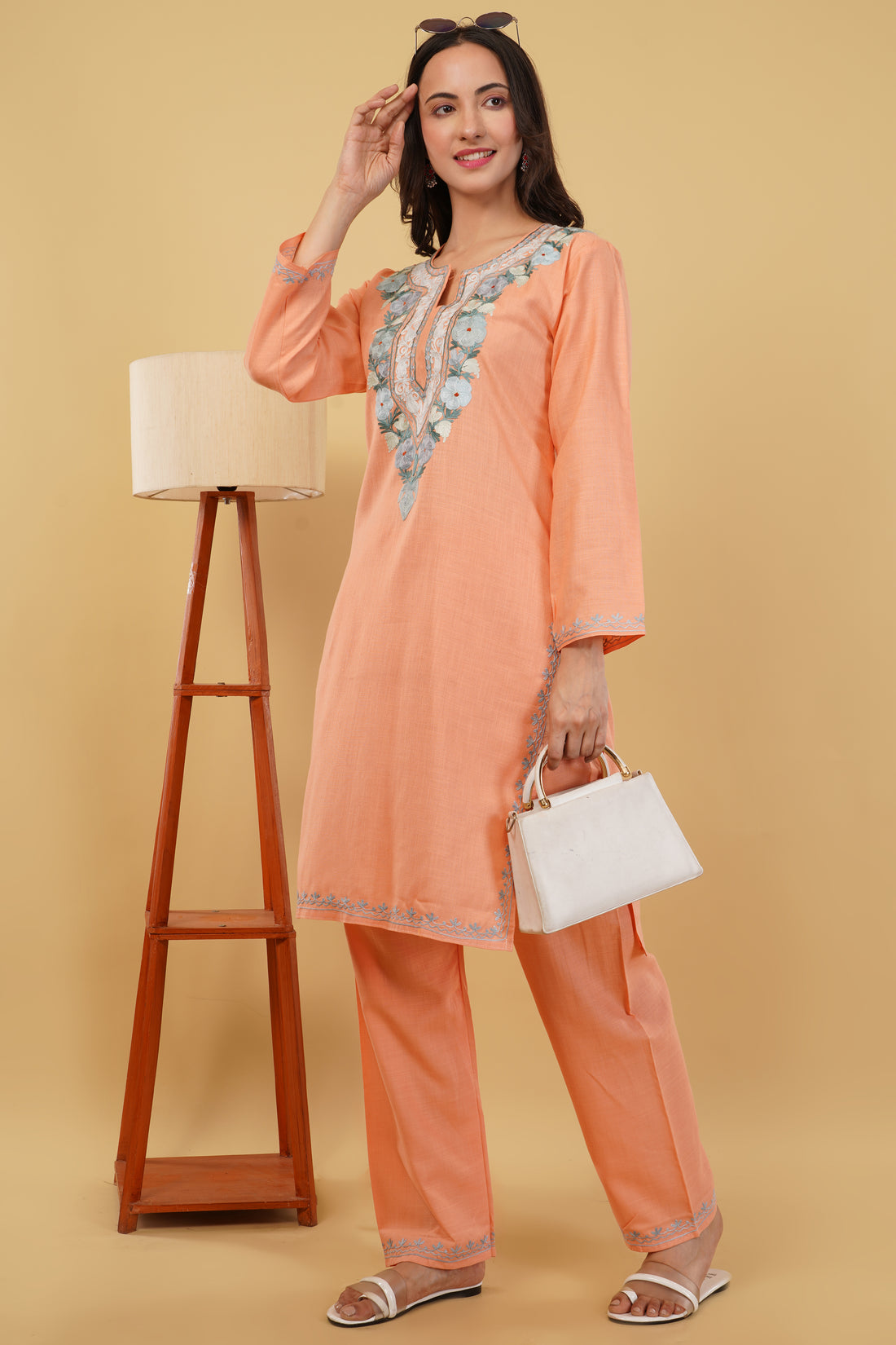 Kashmiri Aari embroidery Cotton Co-ord set Size-38 (Peach)