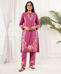 Pure Acro Wool Kashmiri Aari Embroidery Kurti & Pant Set (Pink)
