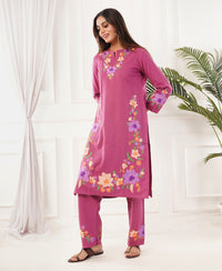 Pure Acro Wool Kashmiri Aari Embroidery Kurti & Pant Set (Pink)