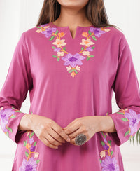 Pure Acro Wool Kashmiri Aari Embroidery Kurti & Pant Set (Pink)