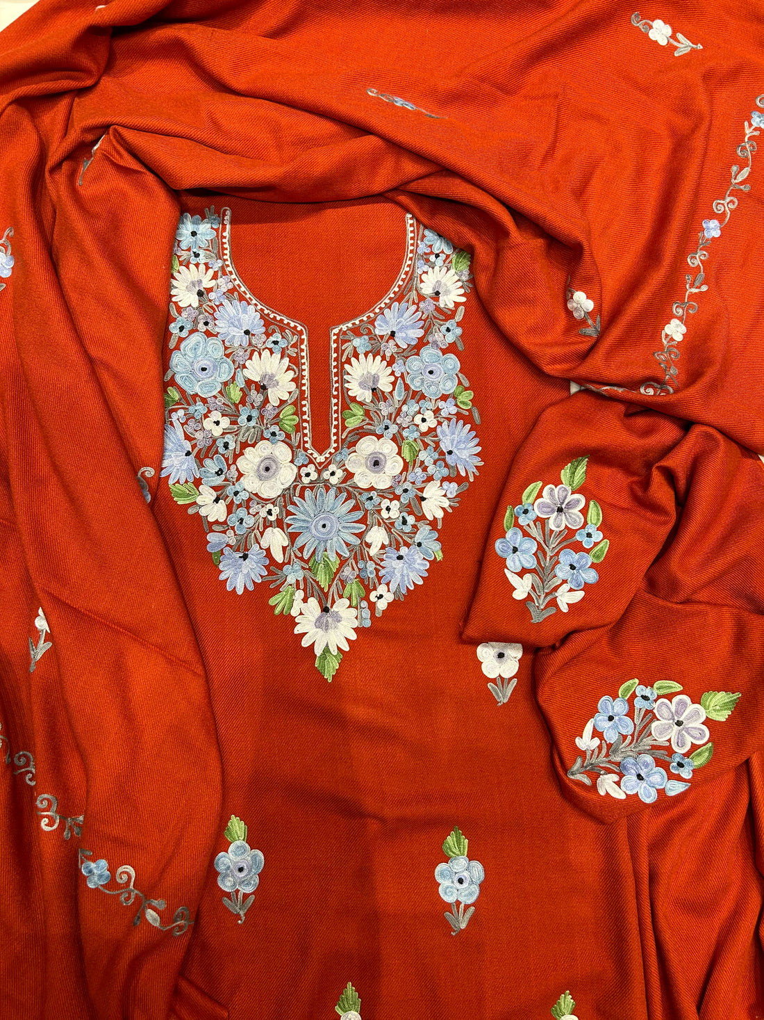 Premium Kashmiri Woolen Suit Set with Aari Embroidery | Winter Wear Fabric with Shawl & Bottom (Orange)
