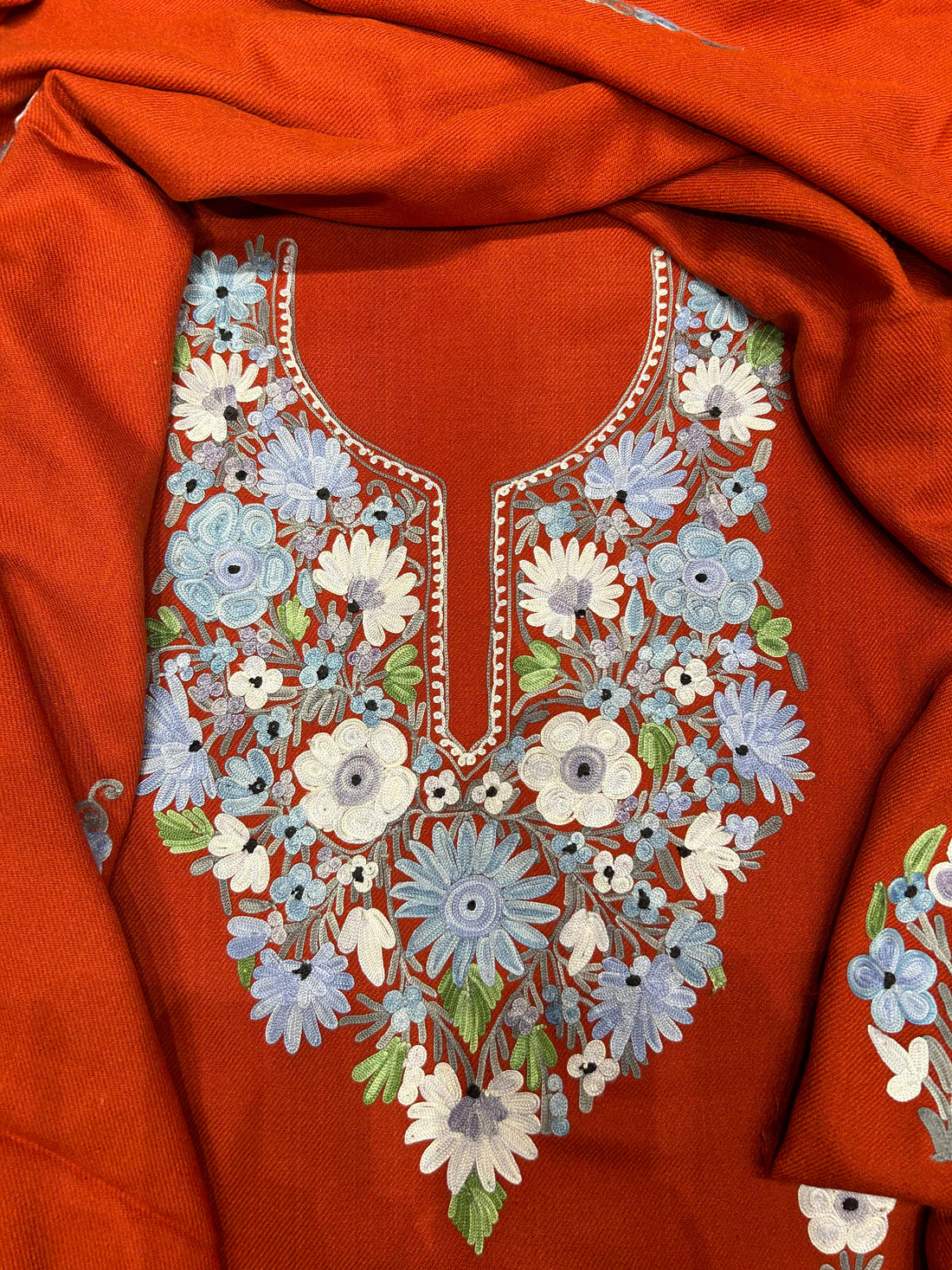 Premium Kashmiri Woolen Suit Set with Aari Embroidery | Winter Wear Fabric with Shawl & Bottom (Orange)