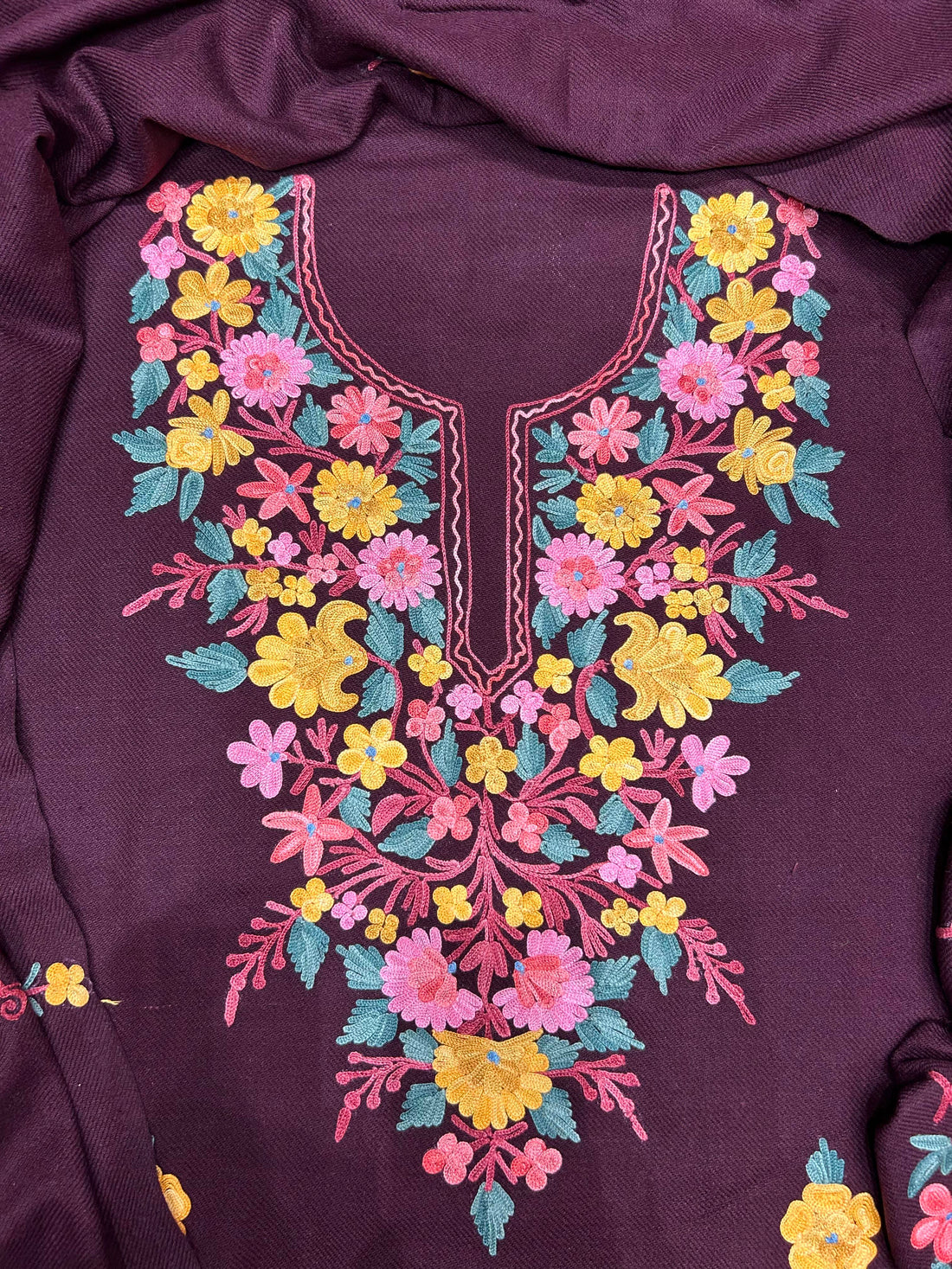 Premium Kashmiri Woolen Suit Set with Aari Embroidery | Winter Wear Fabric with Shawl & Bottom (Wine)