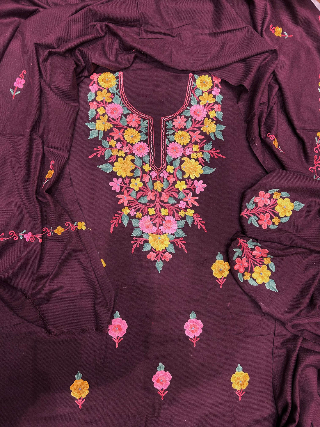 Premium Kashmiri Woolen Suit Set with Aari Embroidery | Winter Wear Fabric with Shawl & Bottom (Wine)