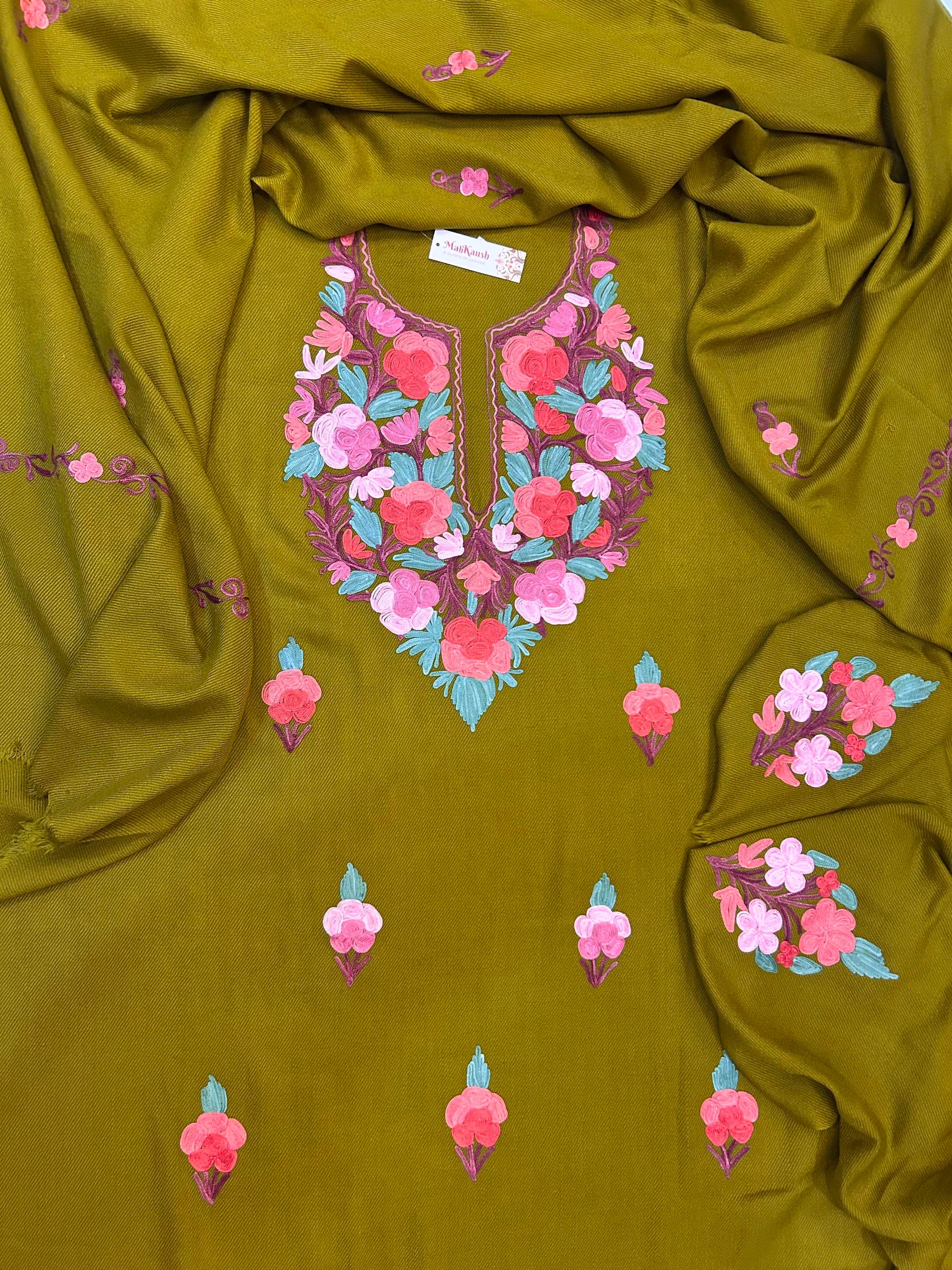 Premium Kashmiri Woolen Suit Set with Aari Embroidery | Winter Wear Fabric with Shawl & Bottom (Olive Green)