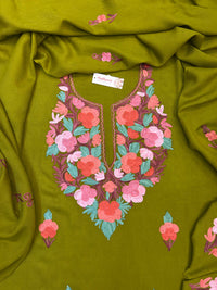 Premium Kashmiri Woolen Suit Set with Aari Embroidery | Winter Wear Fabric with Shawl & Bottom (Olive Green)