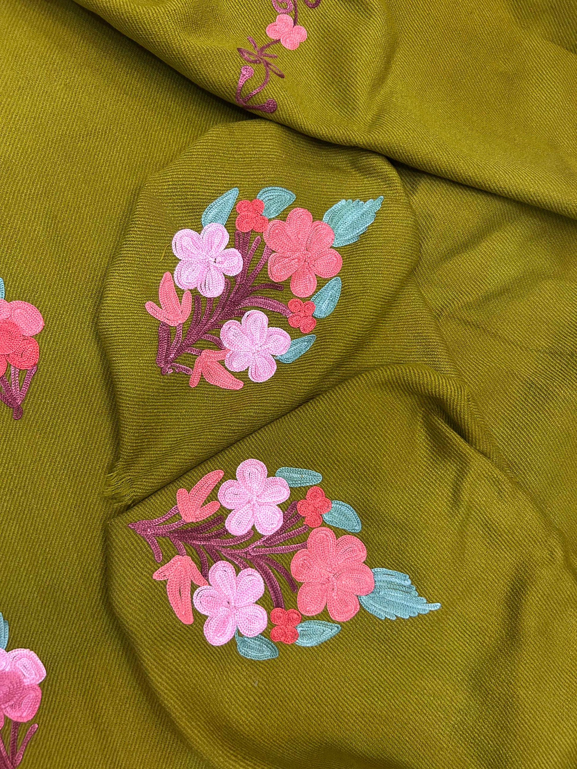 Premium Kashmiri Woolen Suit Set with Aari Embroidery | Winter Wear Fabric with Shawl & Bottom (Olive Green)