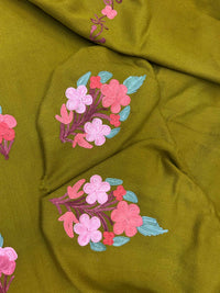 Premium Kashmiri Woolen Suit Set with Aari Embroidery | Winter Wear Fabric with Shawl & Bottom (Olive Green)