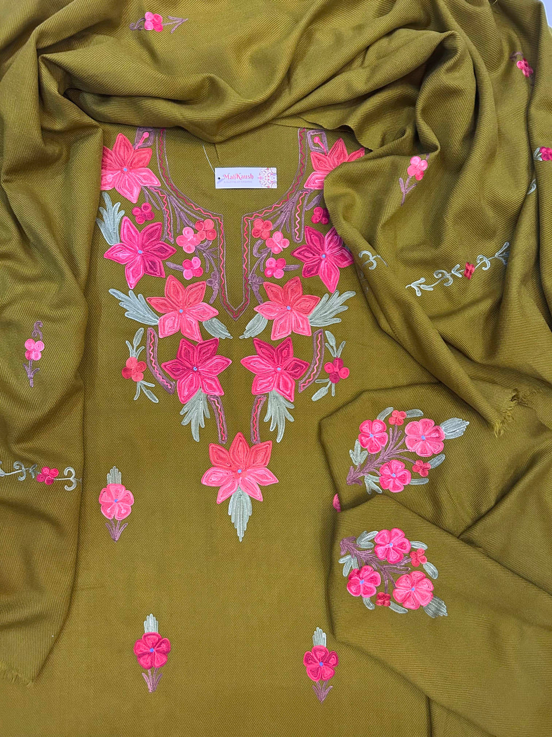 Premium Kashmiri Woolen Suit Set with Aari Embroidery | Winter Wear Fabric with Shawl & Bottom (Olive Green)