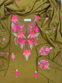 Premium Kashmiri Woolen Suit Set with Aari Embroidery | Winter Wear Fabric with Shawl & Bottom (Olive Green)