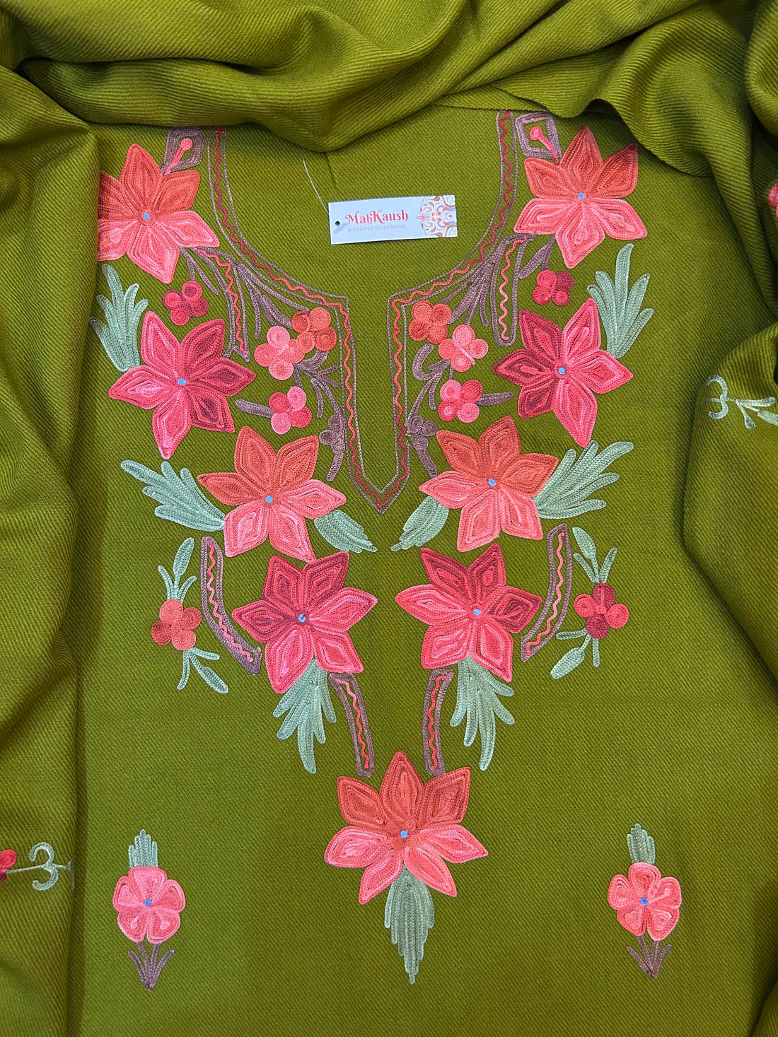 Premium Kashmiri Woolen Suit Set with Aari Embroidery | Winter Wear Fabric with Shawl & Bottom (Olive Green)