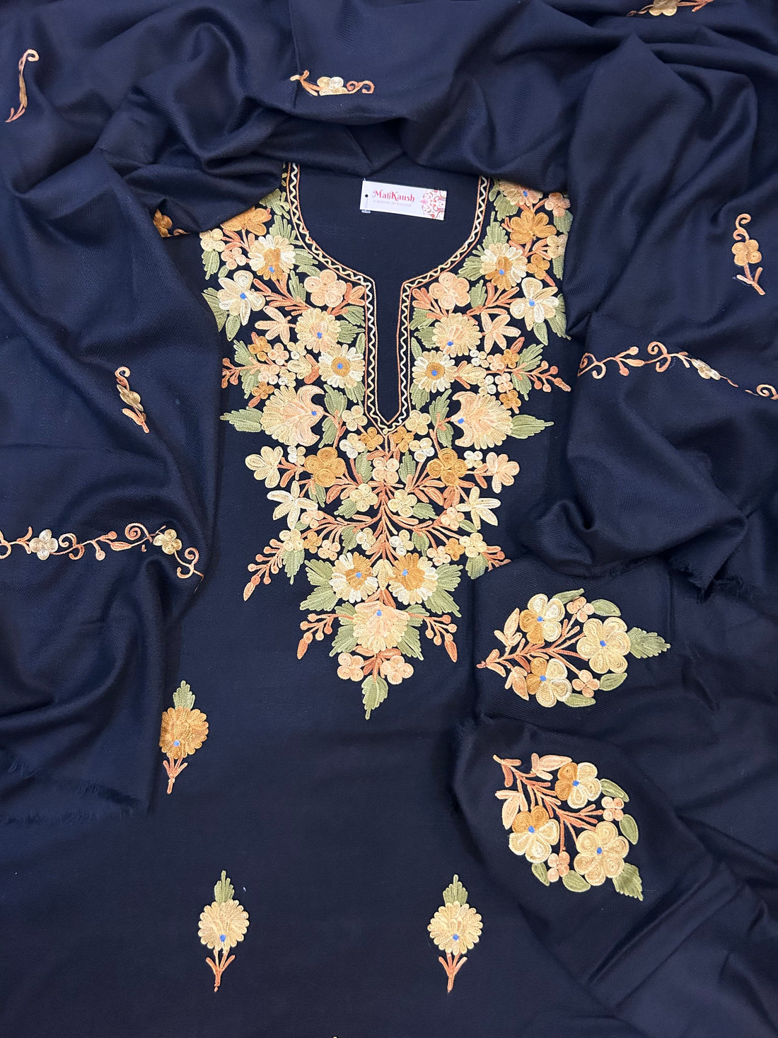 Premium Kashmiri Woolen Suit Set with Aari Embroidery | Winter Wear Fabric with Shawl & Bottom (Black)
