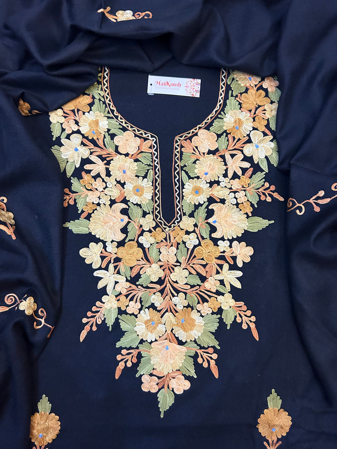 Premium Kashmiri Woolen Suit Set with Aari Embroidery | Winter Wear Fabric with Shawl & Bottom (Black)