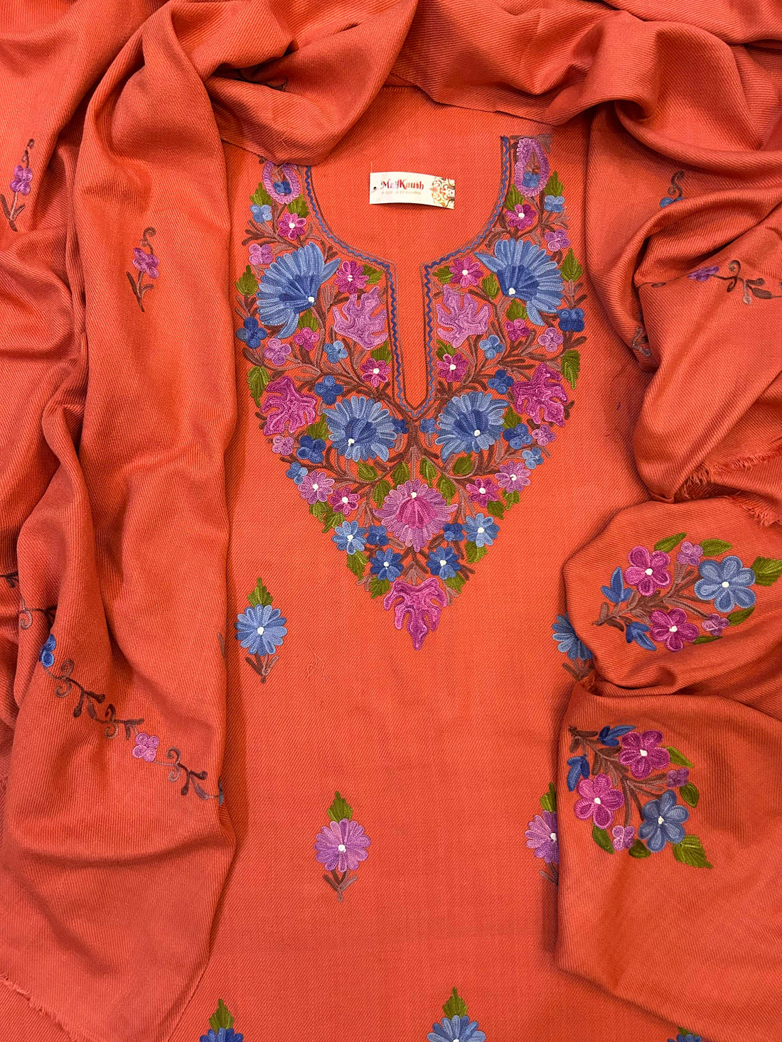 Premium Kashmiri Woolen Suit Set with Aari Embroidery | Winter Wear Fabric with Shawl & Bottom (Peach)