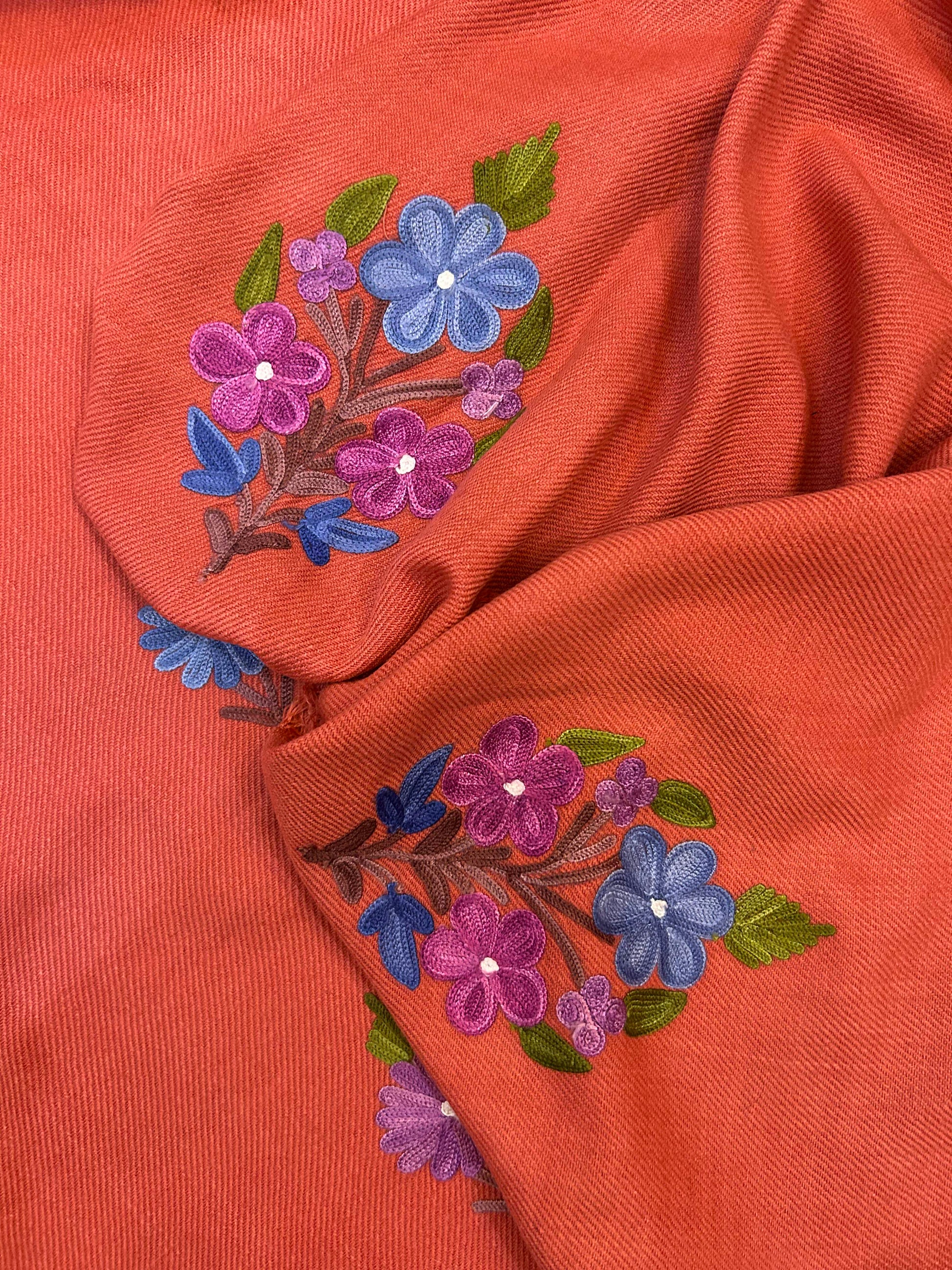 Premium Kashmiri Woolen Suit Set with Aari Embroidery | Winter Wear Fabric with Shawl & Bottom (Peach)