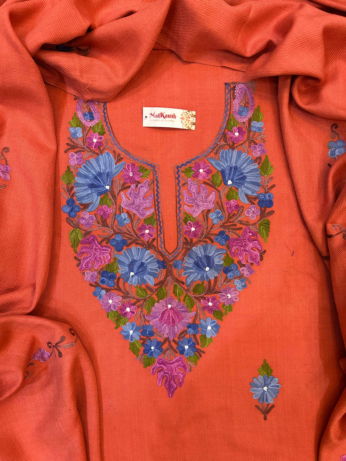 Premium Kashmiri Woolen Suit Set with Aari Embroidery | Winter Wear Fabric with Shawl & Bottom (Peach)