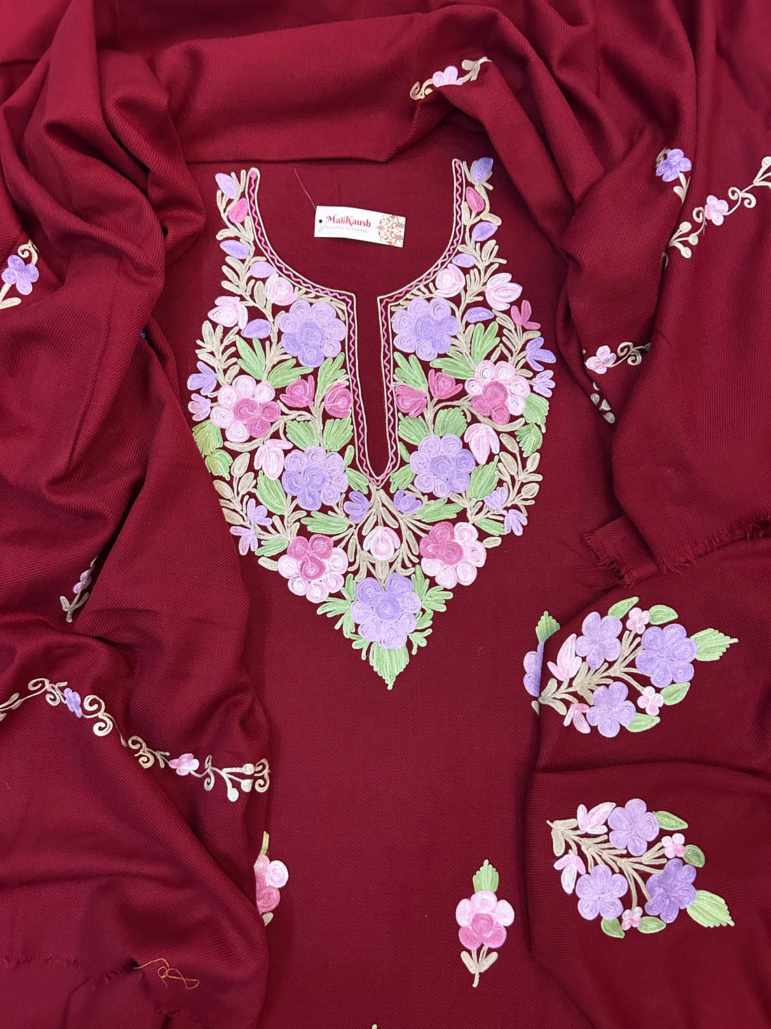 Premium Kashmiri Woolen Suit Set with Aari Embroidery | Winter Wear Fabric with Shawl & Bottom (Maroon)